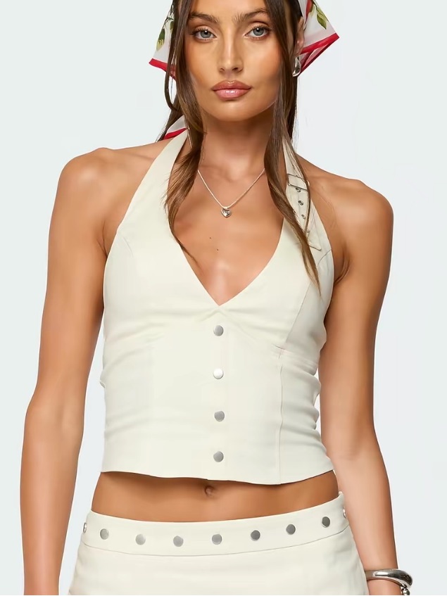 Edikted Cream Halter Button-Front Crop Top